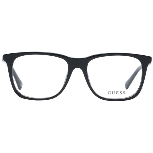 Guess Black Unisex Glasses Frame, full-rim plastic, square style with demo lenses, size 52-16-145, includes branded case.