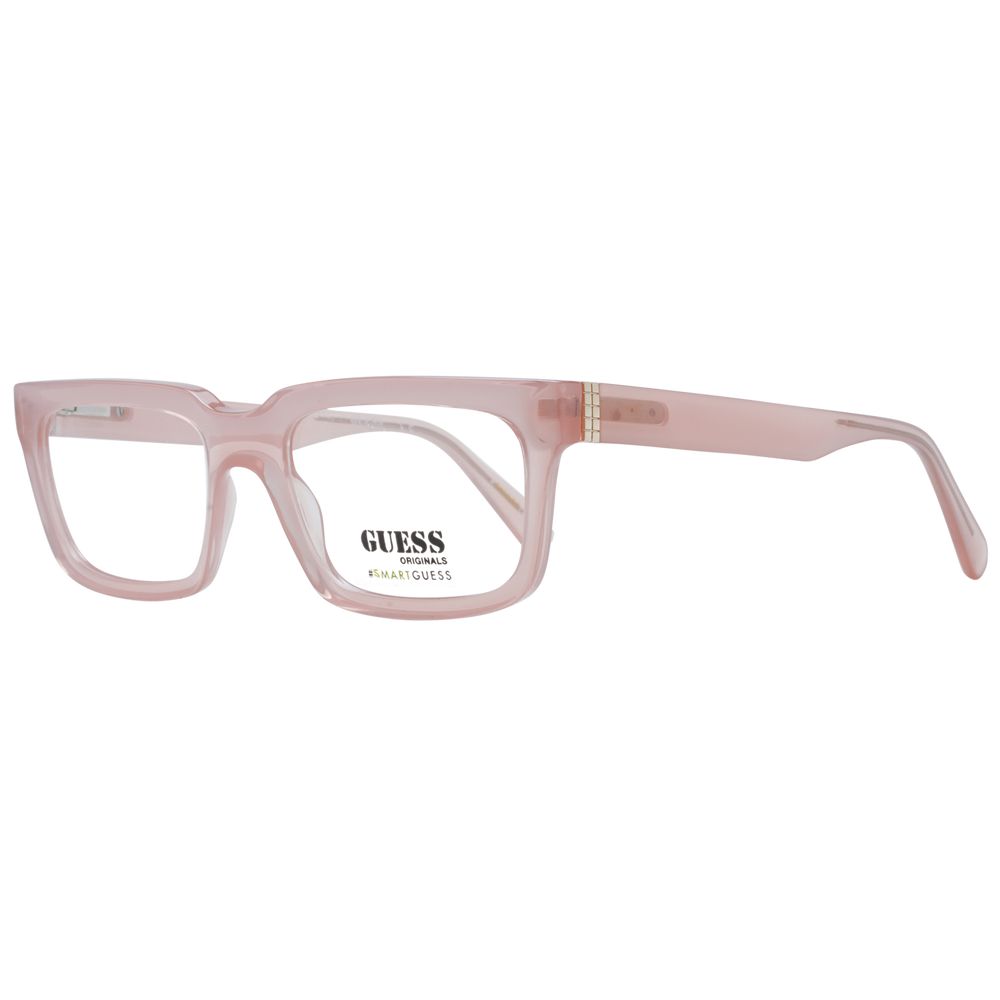 Guess Pink Women Glasses Frame in full-rim rose plastic with demo lenses, featuring a rectangle style for women. Includes branded case.