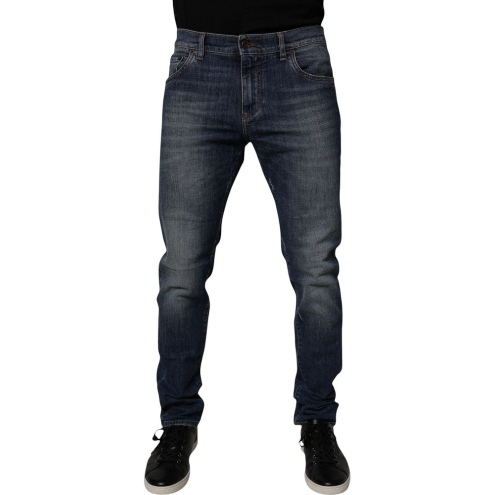 Dolce & Gabbana Dark Blue Cotton Leather Skinny Denim Jeans