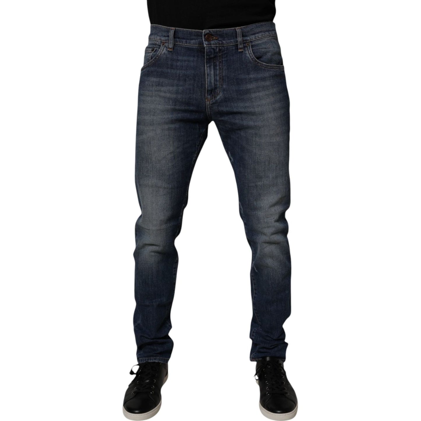 Dolce & Gabbana Dark Blue Cotton Leather Skinny Denim Jeans