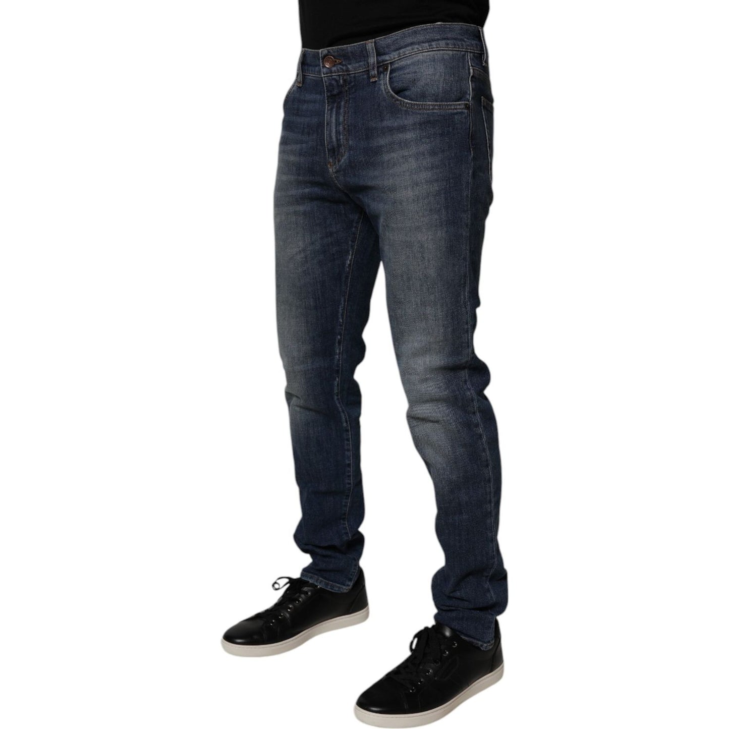Dolce & Gabbana Dark Blue Cotton Leather Skinny Denim Jeans