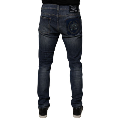 Dolce & Gabbana Dark Blue Cotton Leather Skinny Denim Jeans