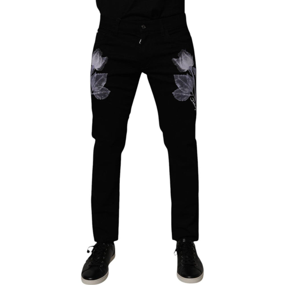 Dolce & Gabbana Black Floral Cotton Skinny Men Denim Jeans