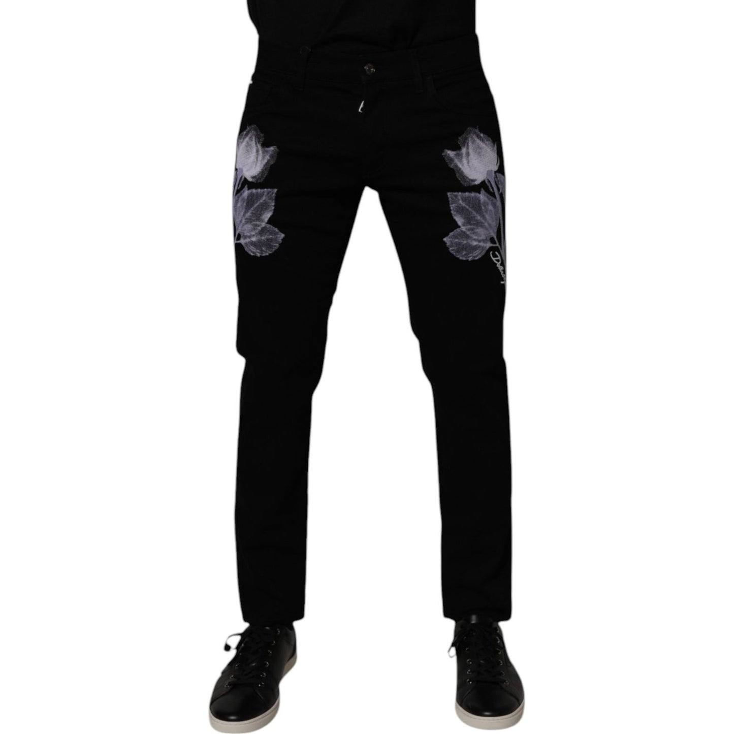 Dolce & Gabbana Black Floral Cotton Skinny Men Denim Jeans