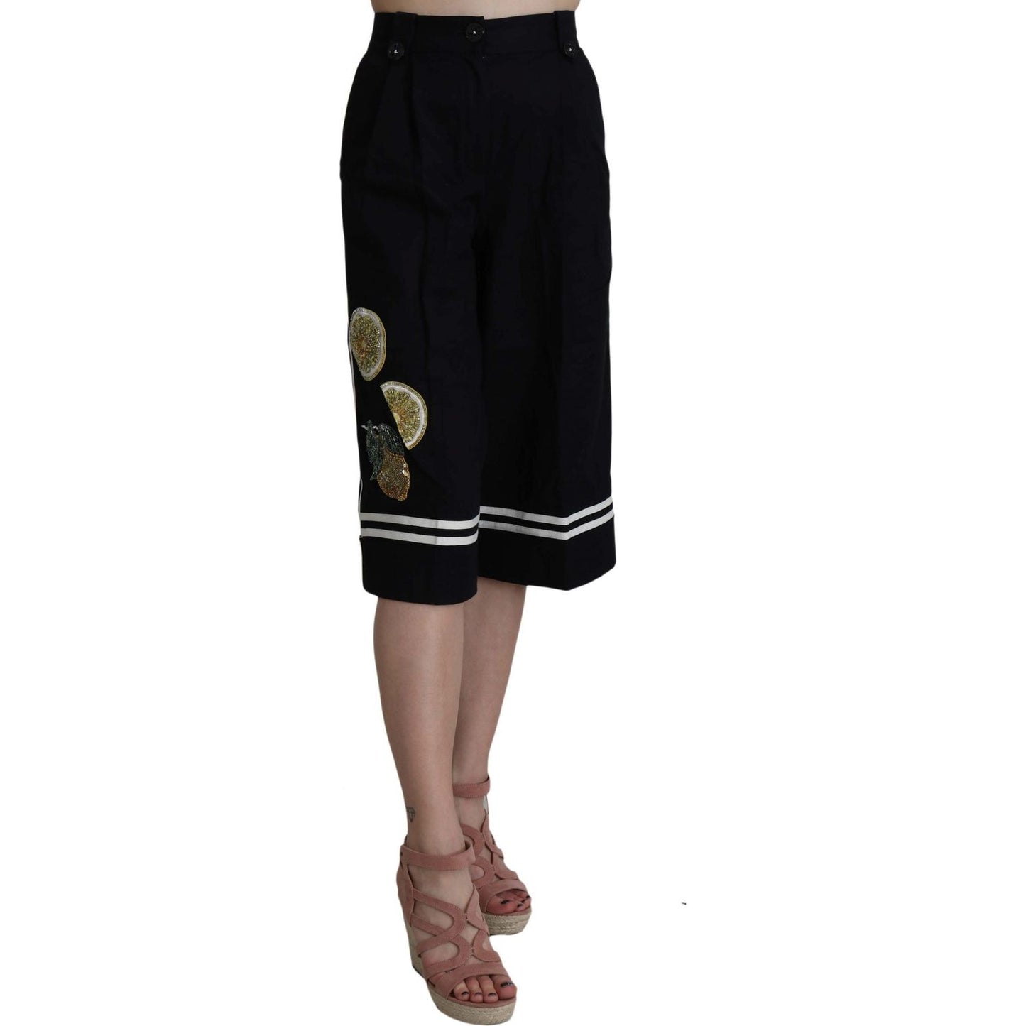 Dolce & Gabbana Black Cotton Cropped Embellished Pants SKI1180-36