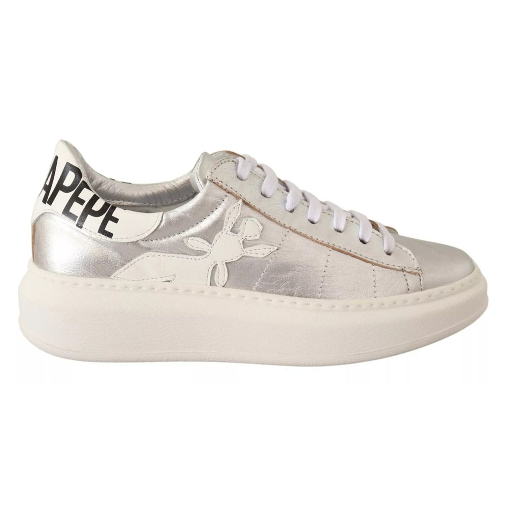 Patrizia Pepe Silver Full Grain Leather Lace Up Sneakers Shoes LA9356-35