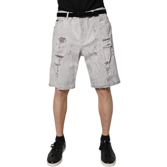 Dolce & Gabbana Light Gray Tattered Men Denim Bermuda Shorts