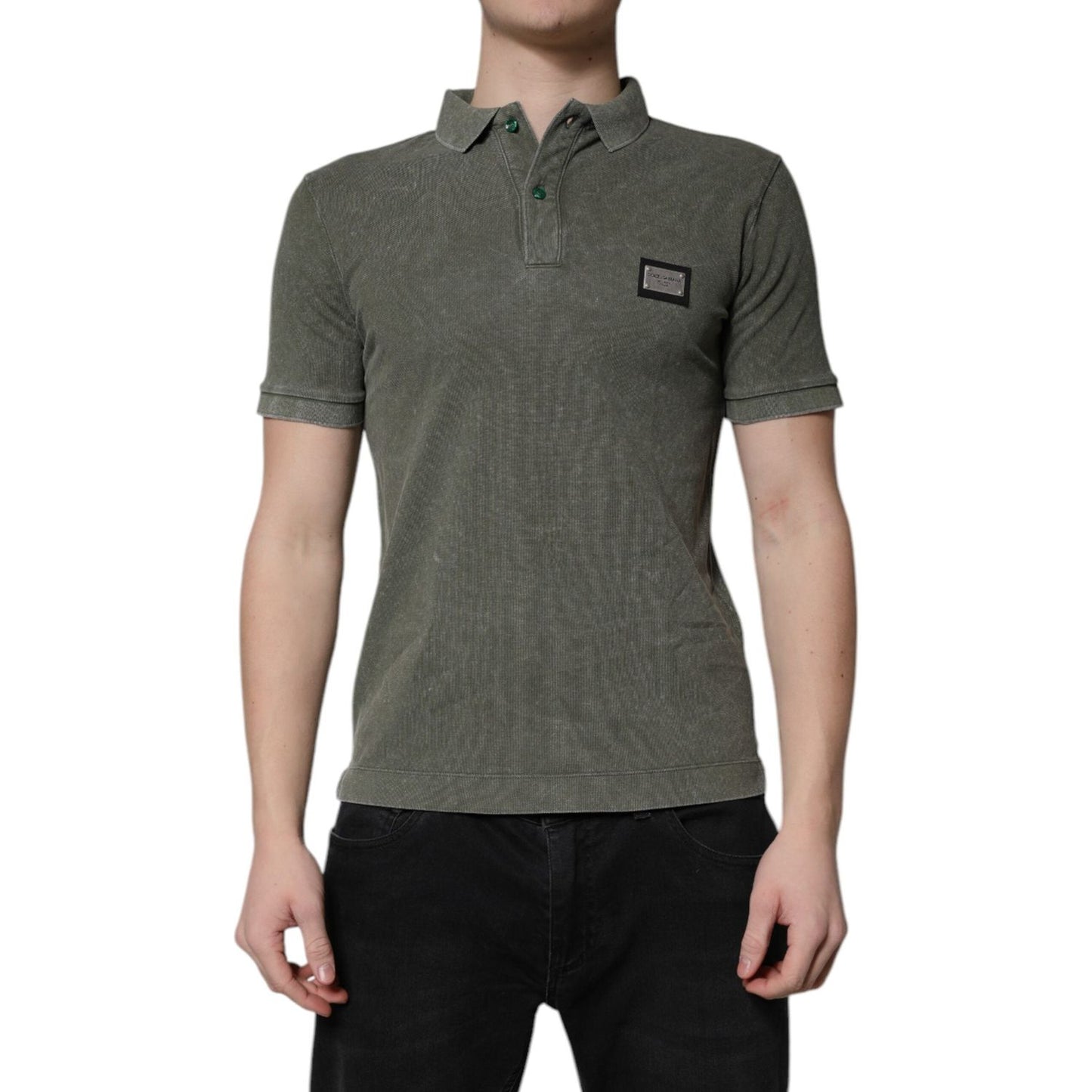 Dolce & Gabbana Army Green Logo Plaque Cotton Polo Shirt T-shirt