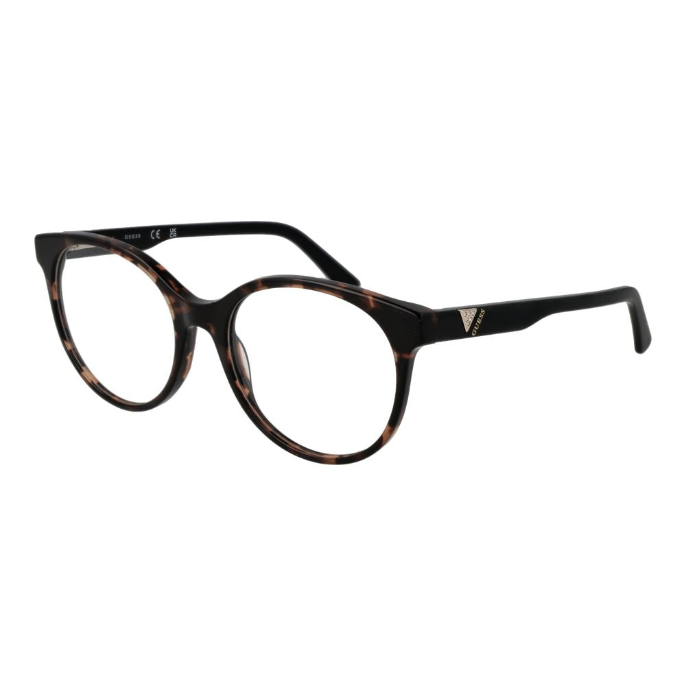 Guess Brown Women Glasses Frame, round full-rim acetate eyewear with a branded case, size 55-18-140, brown color.