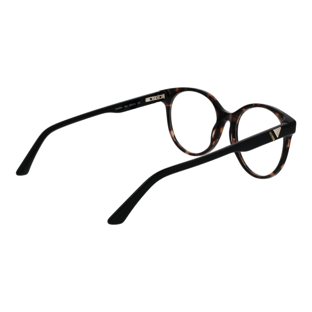 Guess Brown Women Glasses Frame, full-rim acetate, round style, tortoiseshell brown, demo lenses, includes branded case, size 55-18-140.