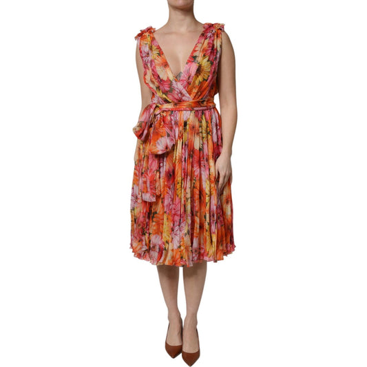 Dolce & Gabbana Multicolor Floral Silk V-neck Chiffon Dress