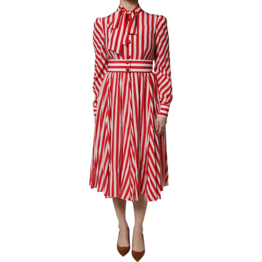 Dolce & Gabbana White Red Stripes Long Sleeves Midi Dress