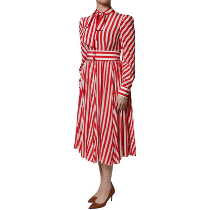 Dolce & Gabbana White Red Stripes Long Sleeves Midi Dress