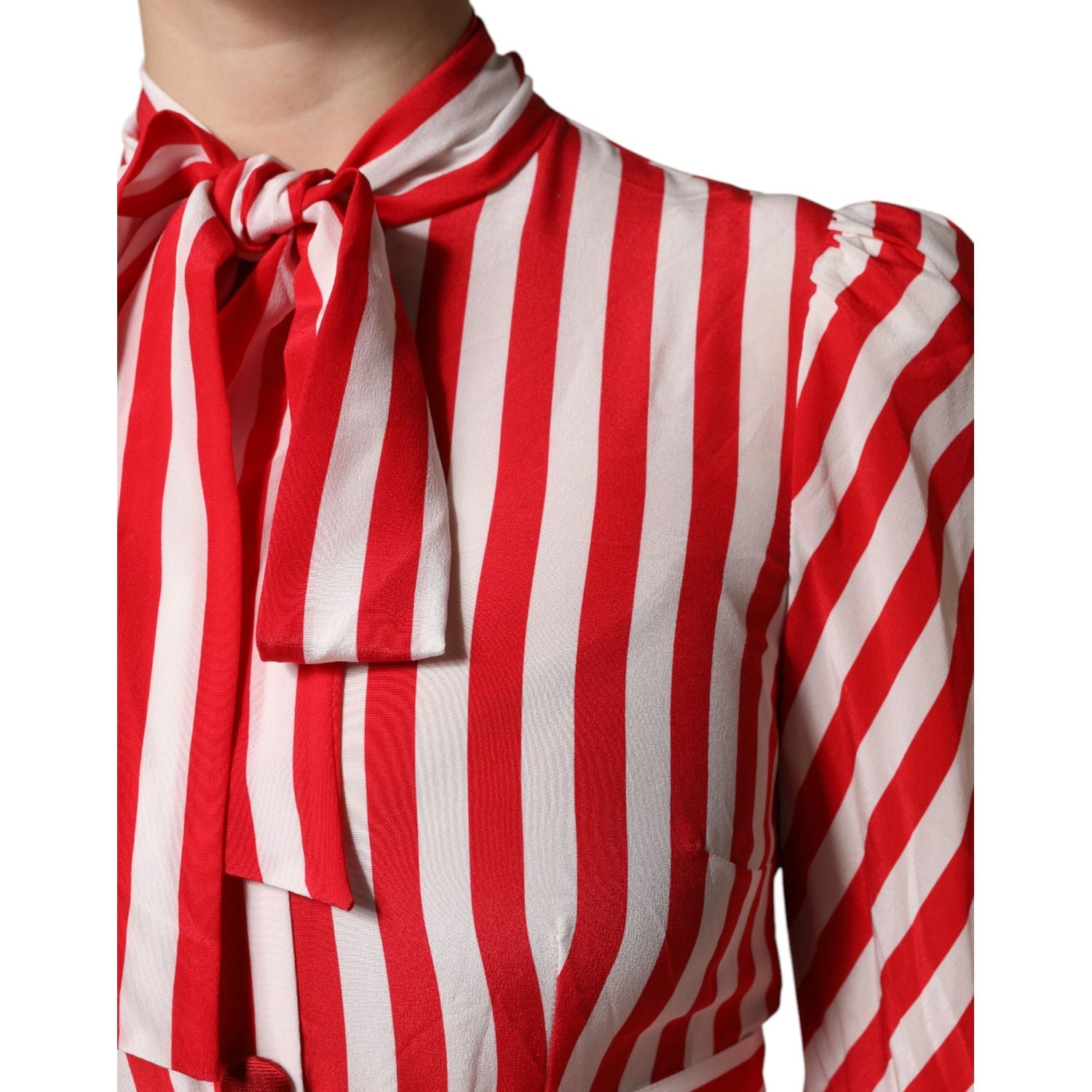 Dolce & Gabbana White Red Stripes Long Sleeves Midi Dress