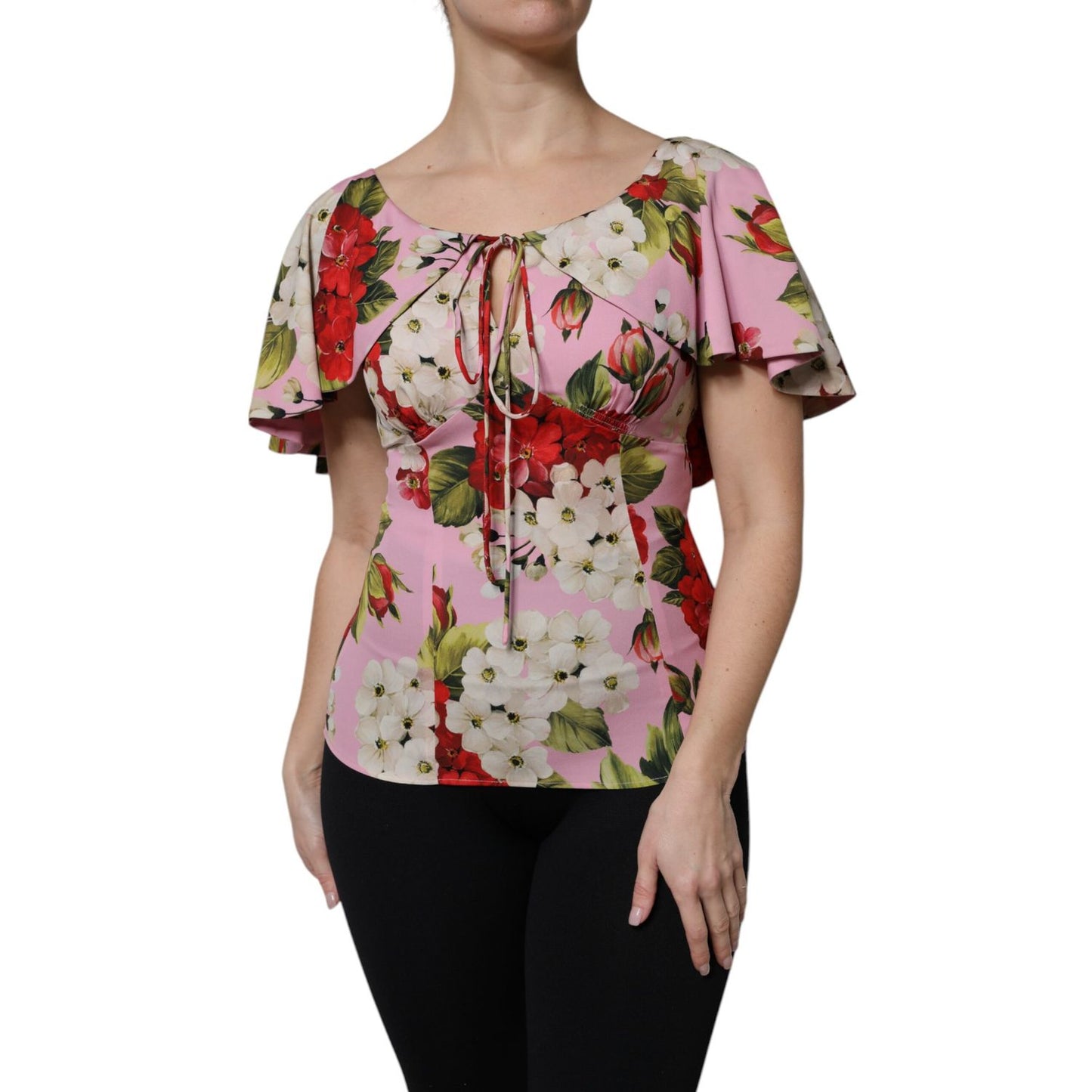 Dolce & Gabbana Pink Floral Silk Short Sleeves Blouse Top