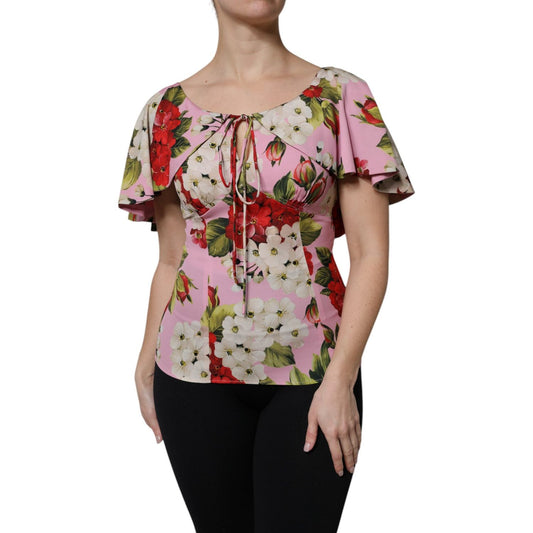 Dolce & Gabbana Pink Floral Silk Short Sleeves Blouse Top