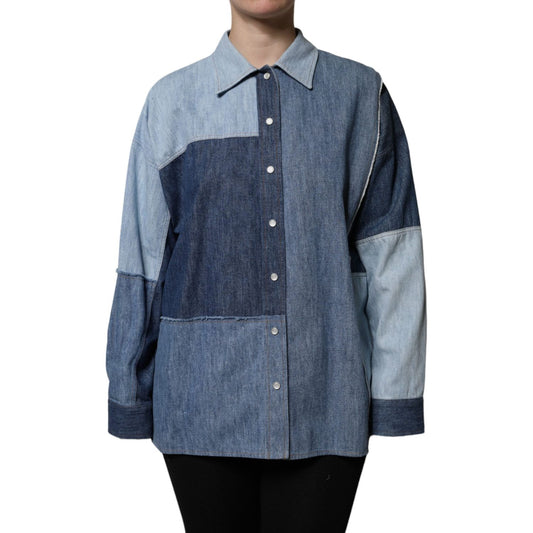 Dolce & Gabbana Blue Cotton Button Up Collared Long Sleeve Top