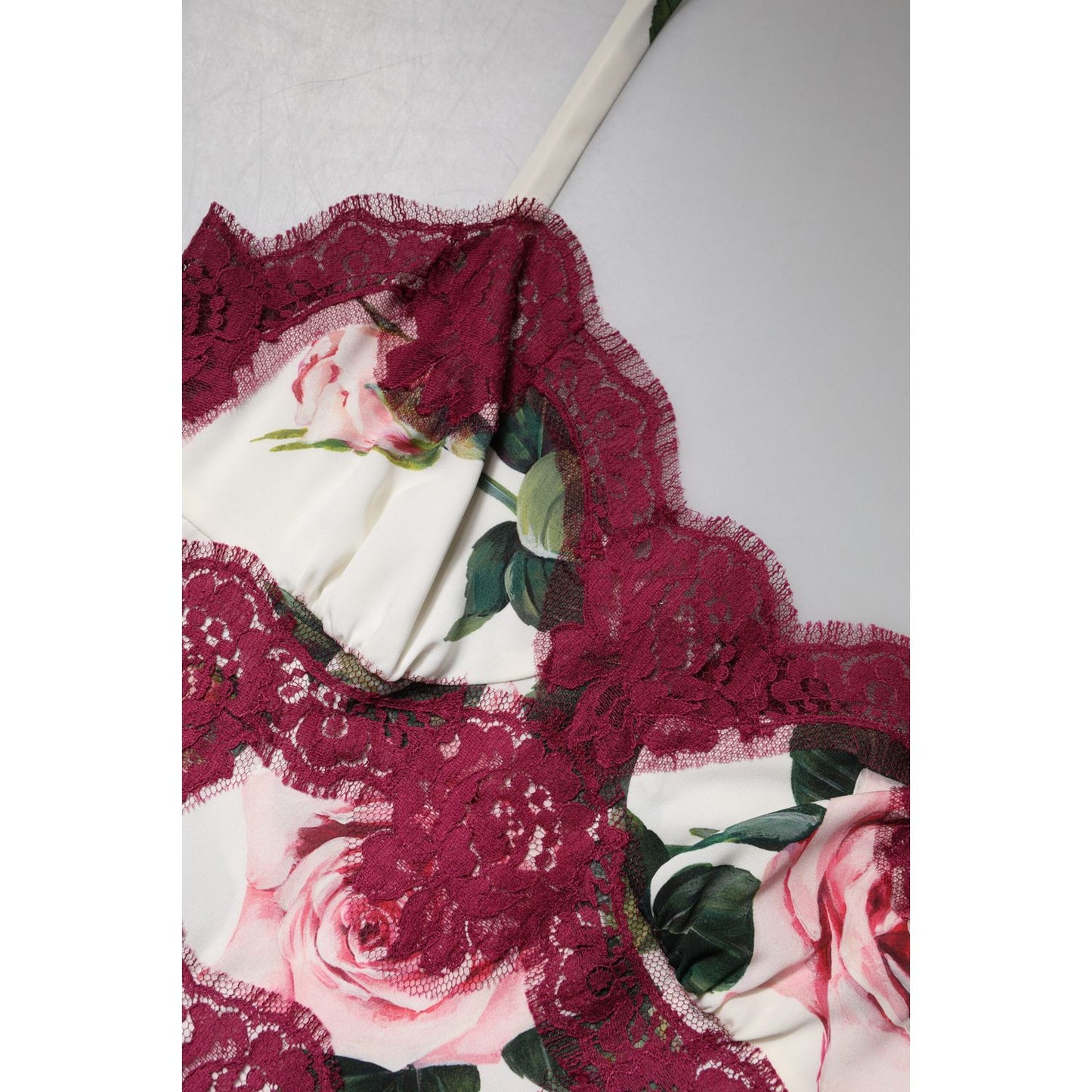 Dolce & Gabbana White Rose Print Satin Lace Tank Top Lingerie