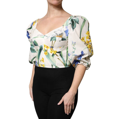 Dolce & Gabbana White Floral Puff Sleeves Crop Blouse Top