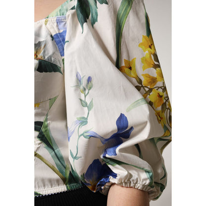 Dolce & Gabbana White Floral Puff Sleeves Crop Blouse Top