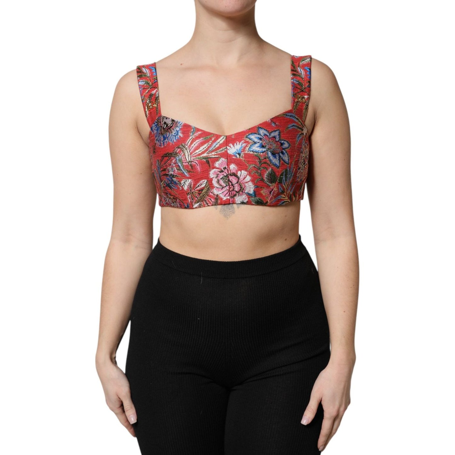 Dolce & Gabbana Red Floral Brocade Cropped Bustier Corset Top