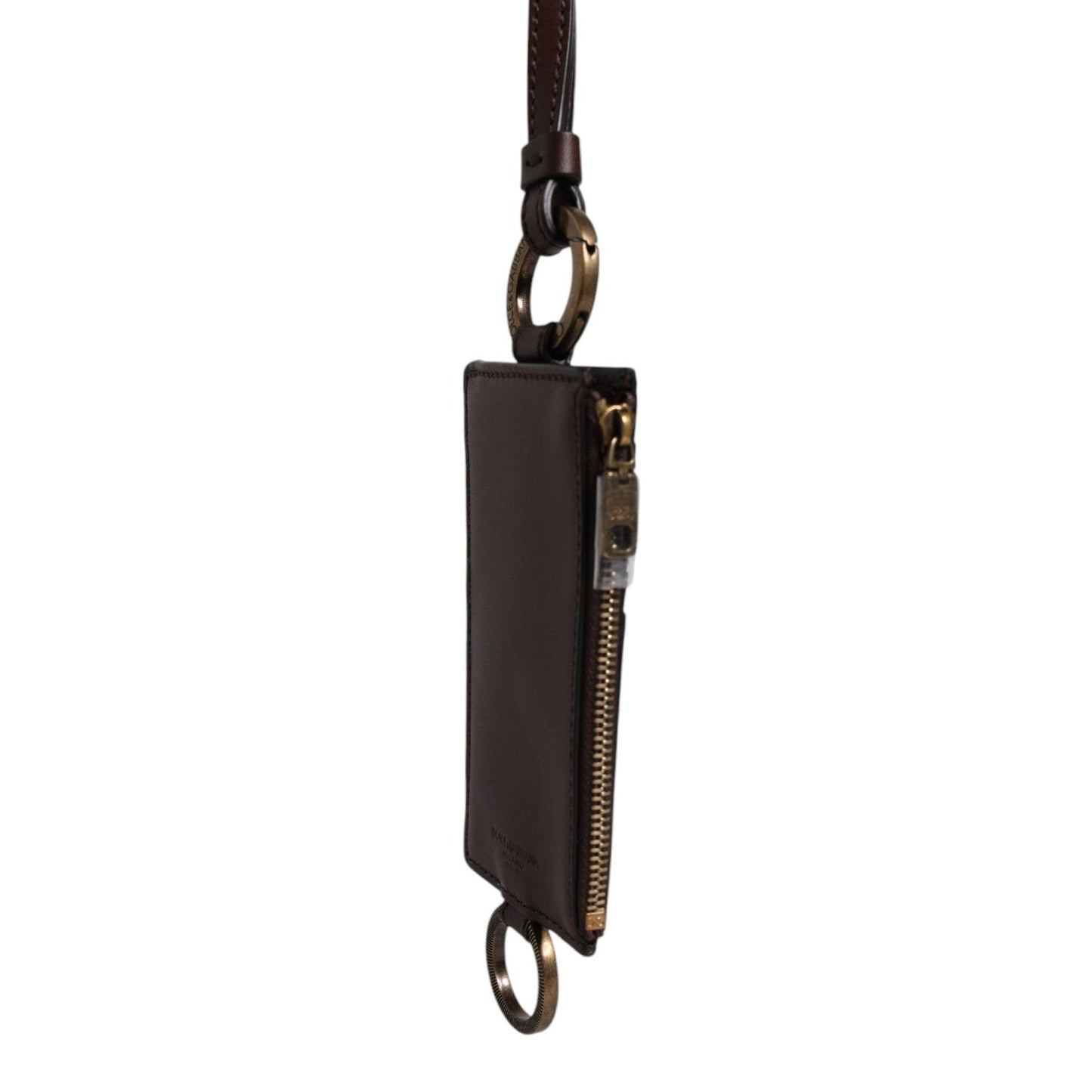 Dolce & Gabbana Brown Calf Leather Lanyard Logo Card Holder Wallet