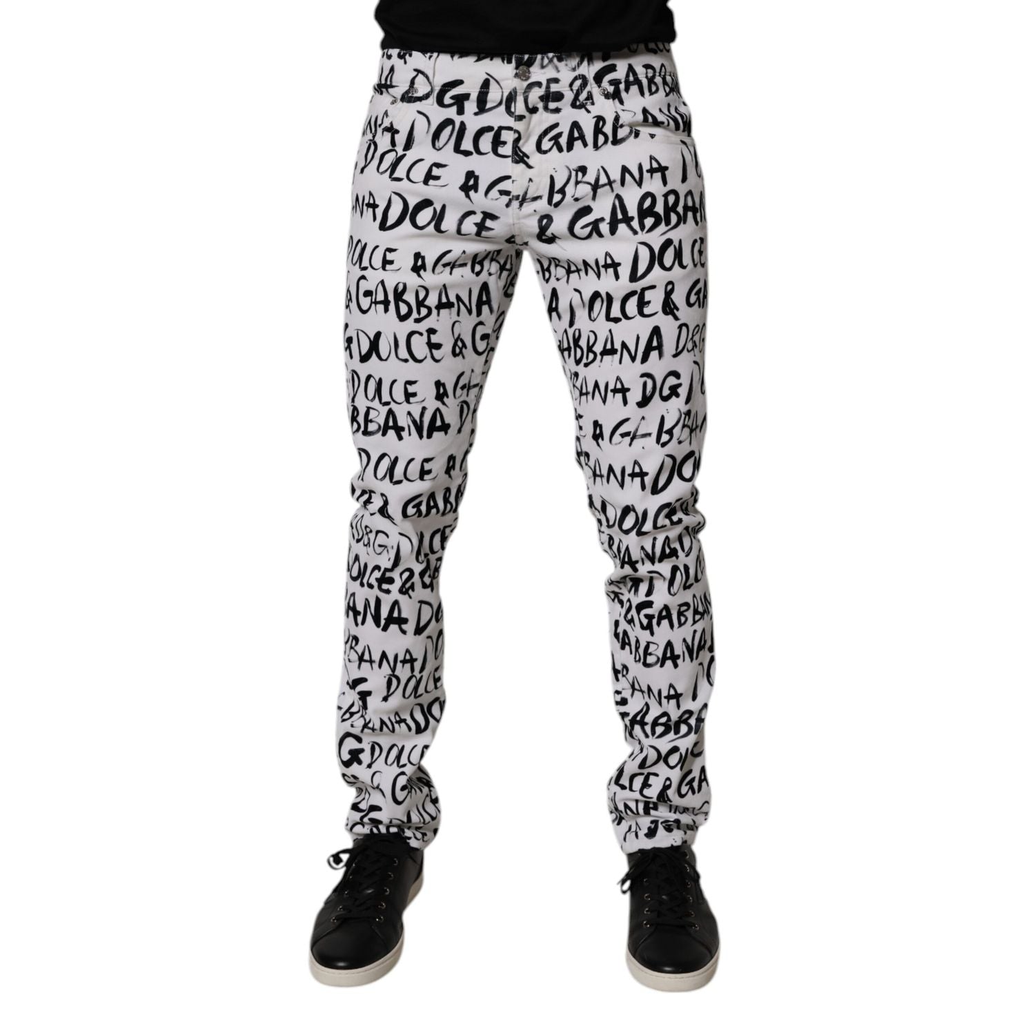 Dolce & Gabbana White Cotton Logo Print Skinny Denim Jeans