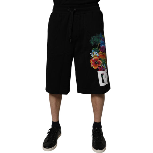 Dolce & Gabbana Black Cotton Logo Floral Print Bermuda Shorts