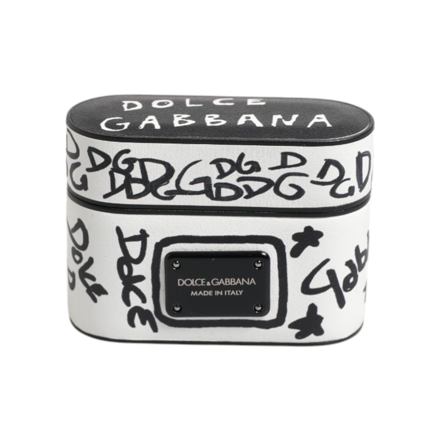Dolce & Gabbana Black White Leather Scribble Embossed Logo Airpods Case