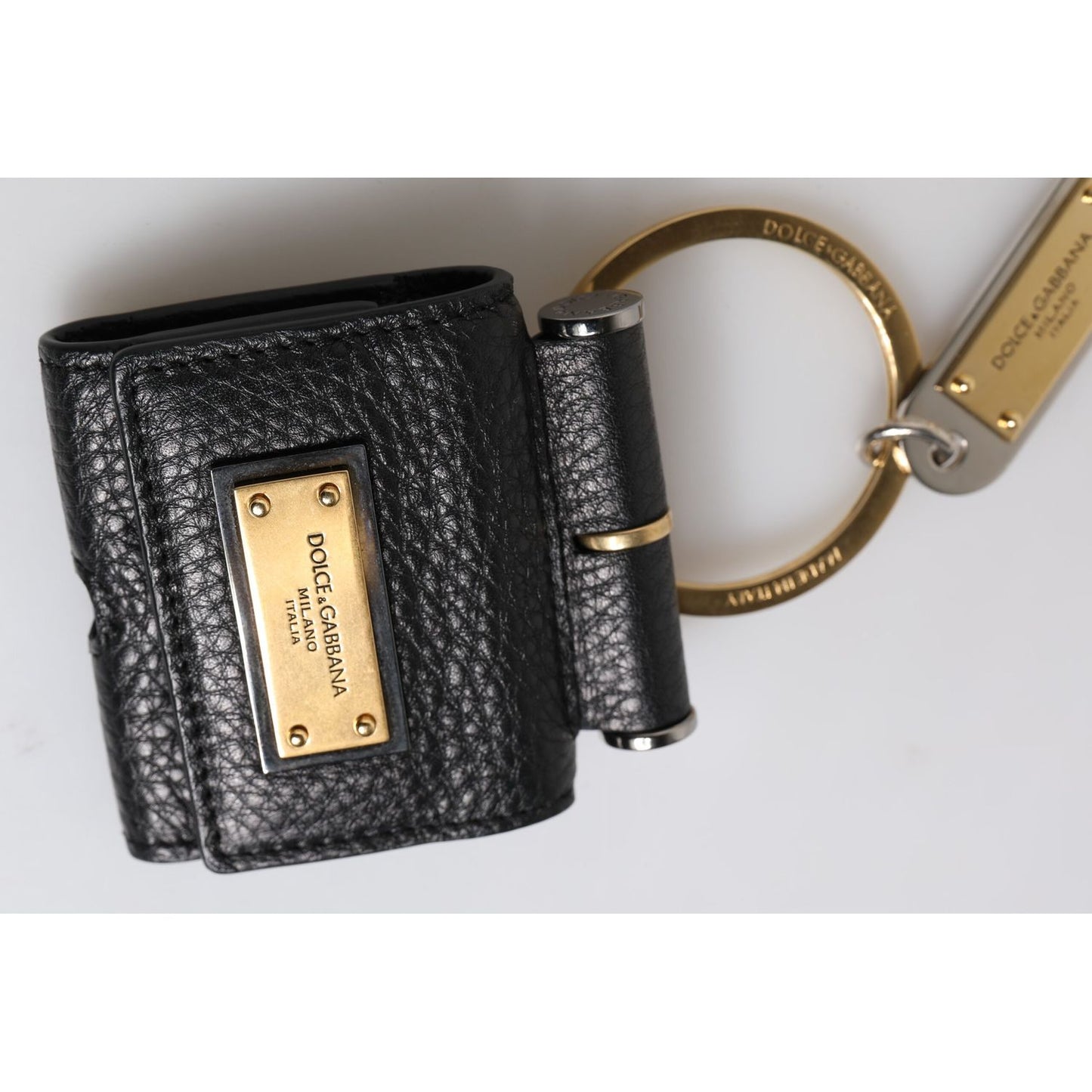 Dolce & Gabbana Black Leather Strap Gold Metal Logo Plaque Airpods Case SMY10693