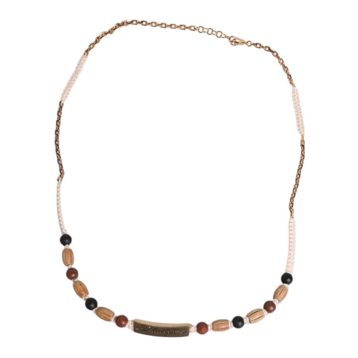 Dolce & Gabbana Black Gold Wooden Beaded Logo Pendant Necklace
