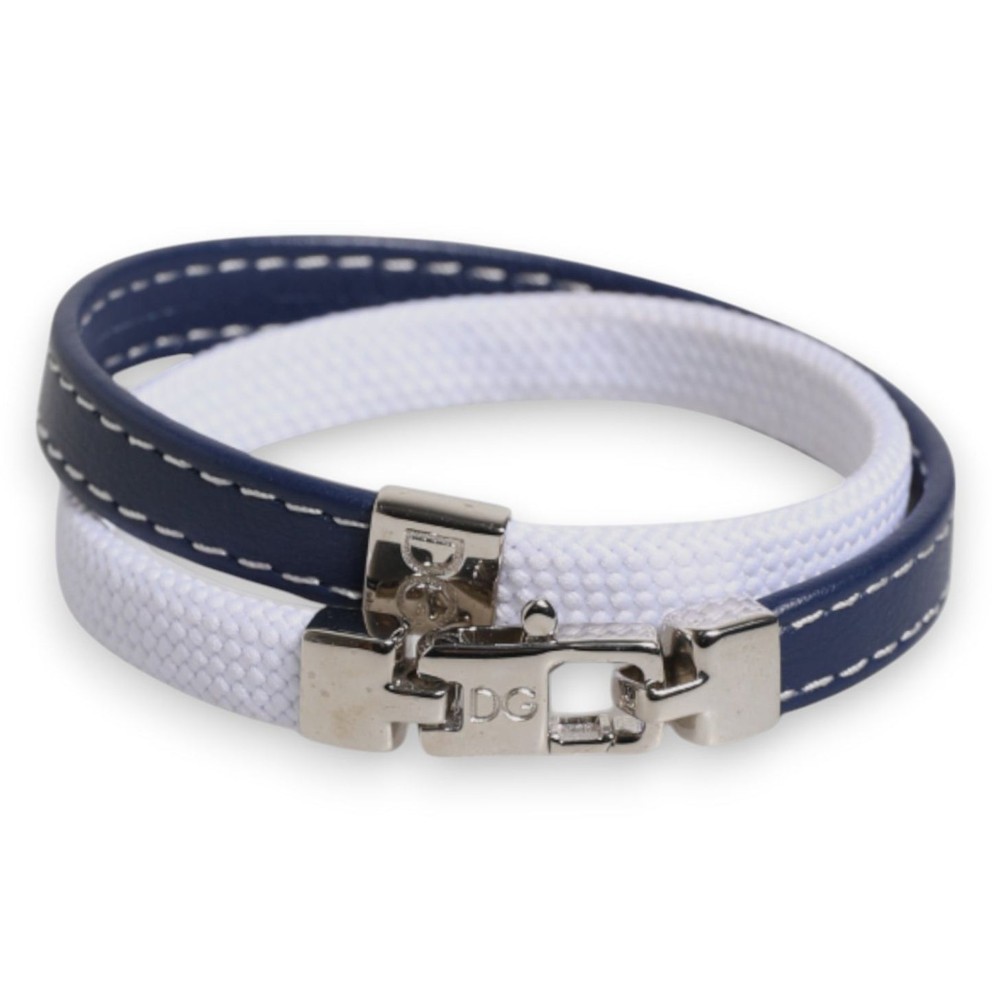 Dolce & Gabbana Blue White Leather Trimmed DG Engraved Silver Tone Clasp Bracelet SMY10690