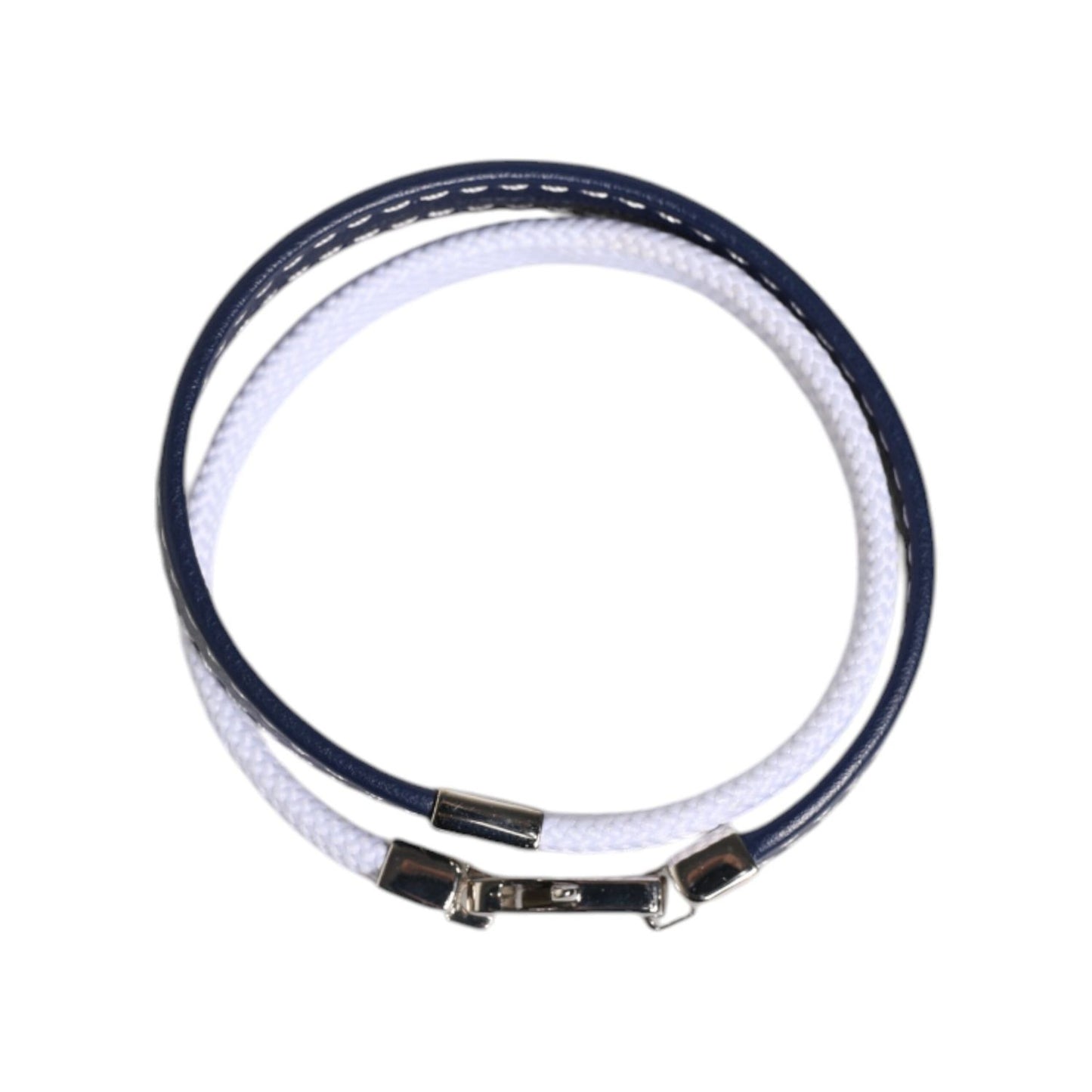 Dolce & Gabbana Blue White Leather Trimmed DG Engraved Silver Tone Clasp Bracelet SMY10690