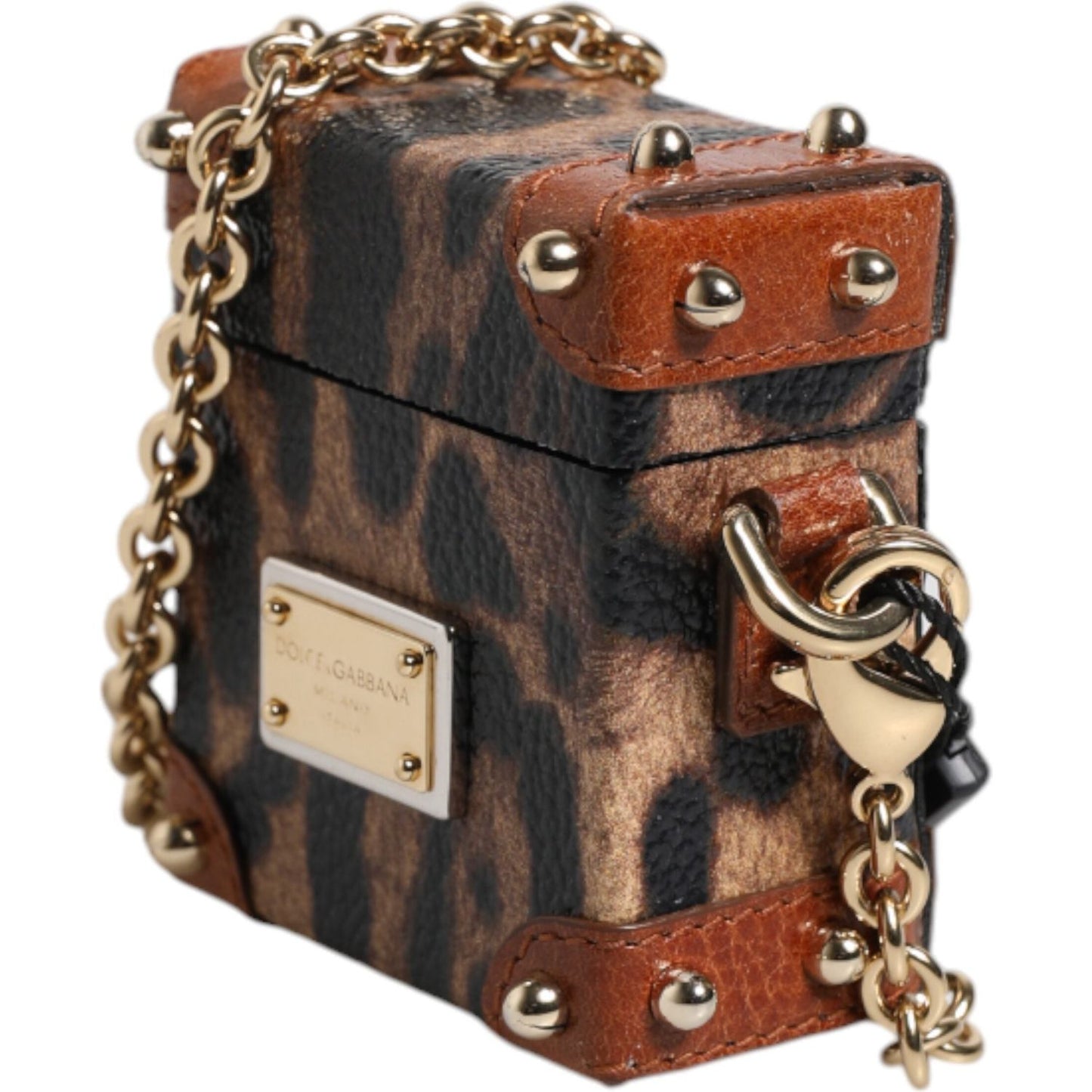 Dolce & Gabbana Brown Leopard Metal Logo Plaque Gold Chain Airpods Case SMY10661