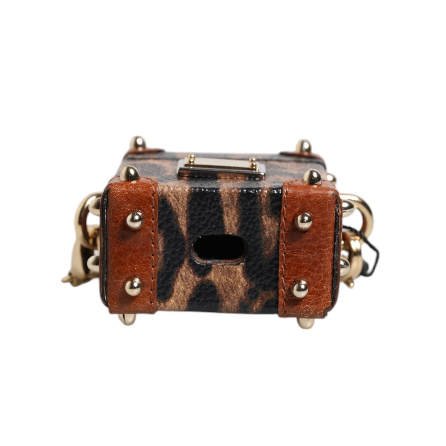 Dolce & Gabbana Brown Leopard Metal Logo Plaque Gold Chain Airpods Case