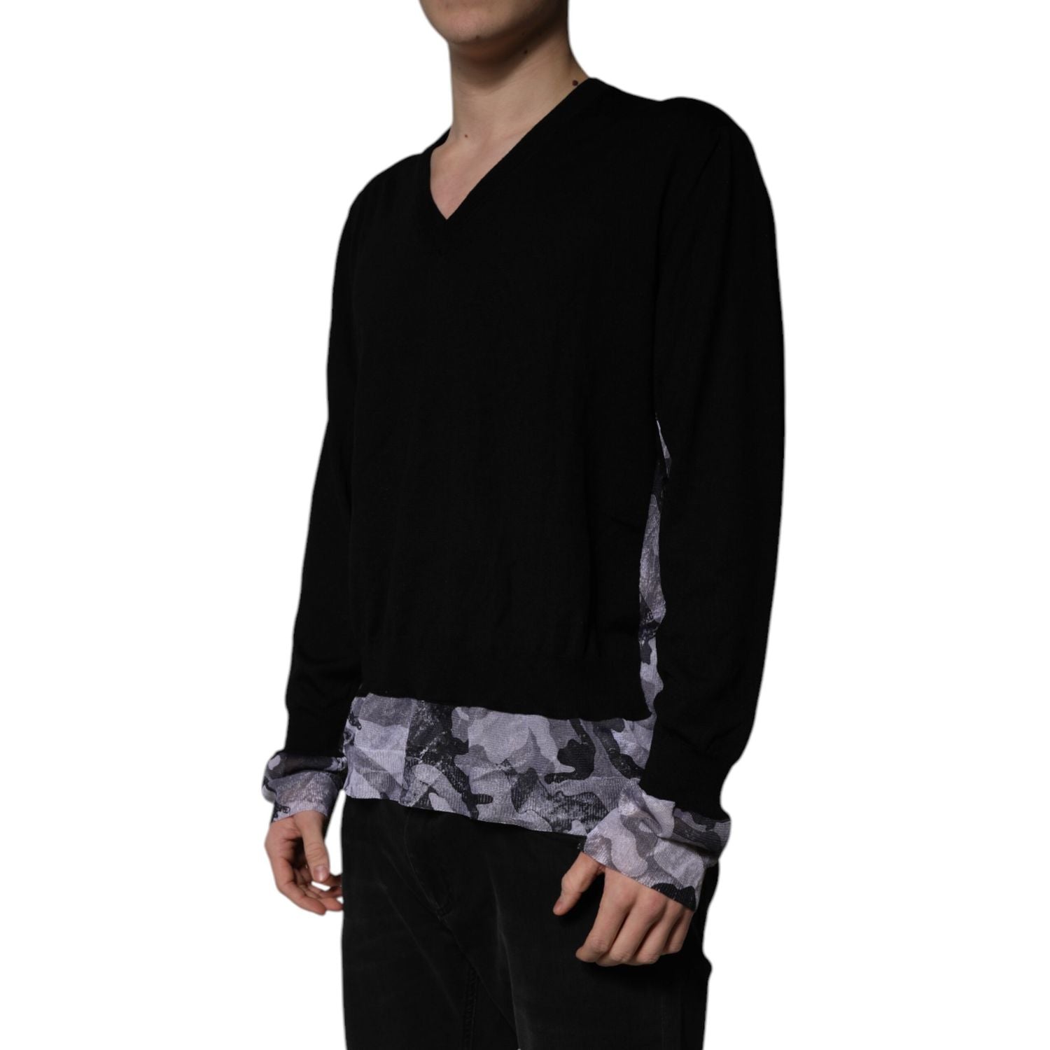 Dolce & Gabbana Black Camouflage V-neck Pullover Sweater