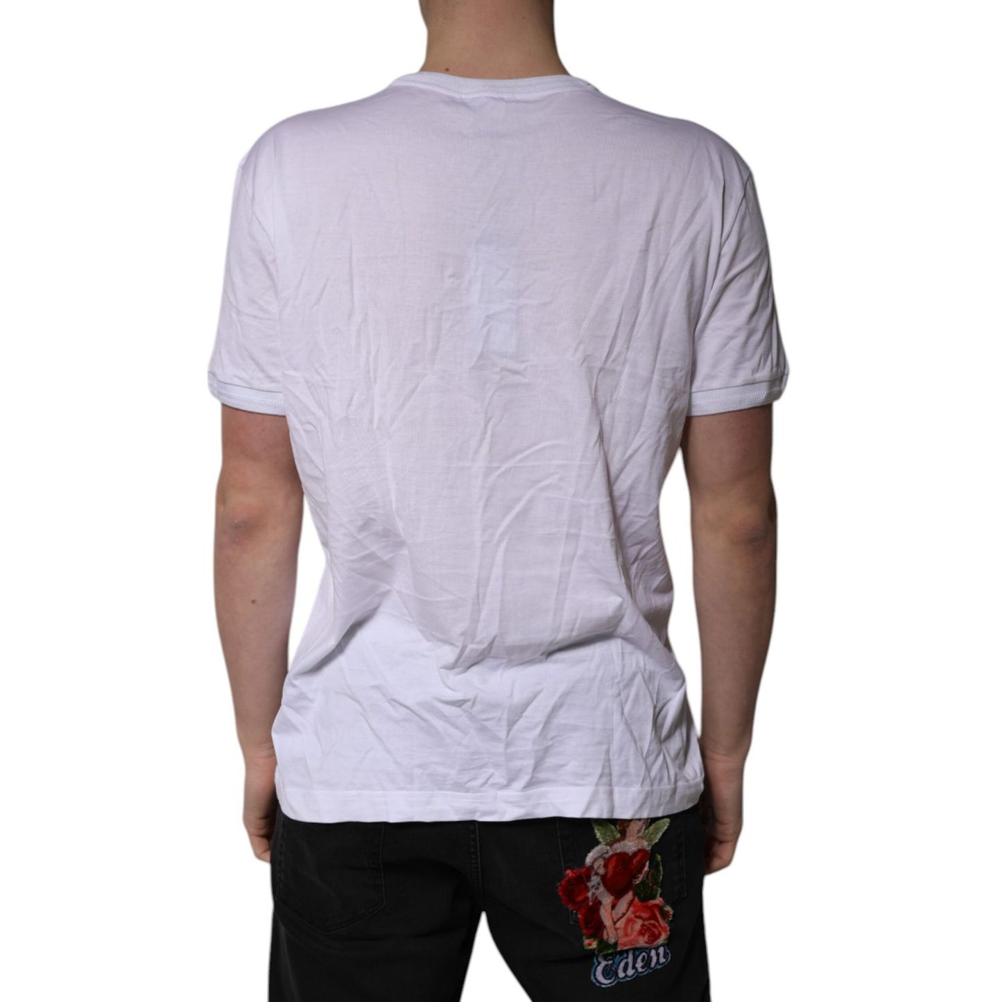 Dolce & Gabbana White Cotton Logo Patch V-neck Tee T-shirt