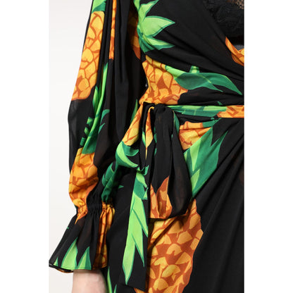 Dolce & Gabbana Black Silk Pineapple Draped Print Wrap Dress