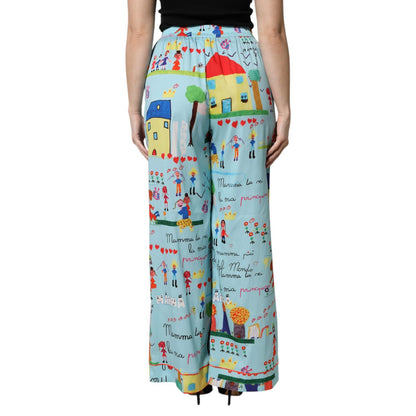 Dolce & Gabbana Light Blue Drawing Mid Waist Wide Leg Pants