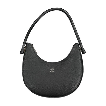 Alt Tag: Tommy Hilfiger Black Polyethylene Handbag with shoulder handle and zip closure, featuring brand logo.