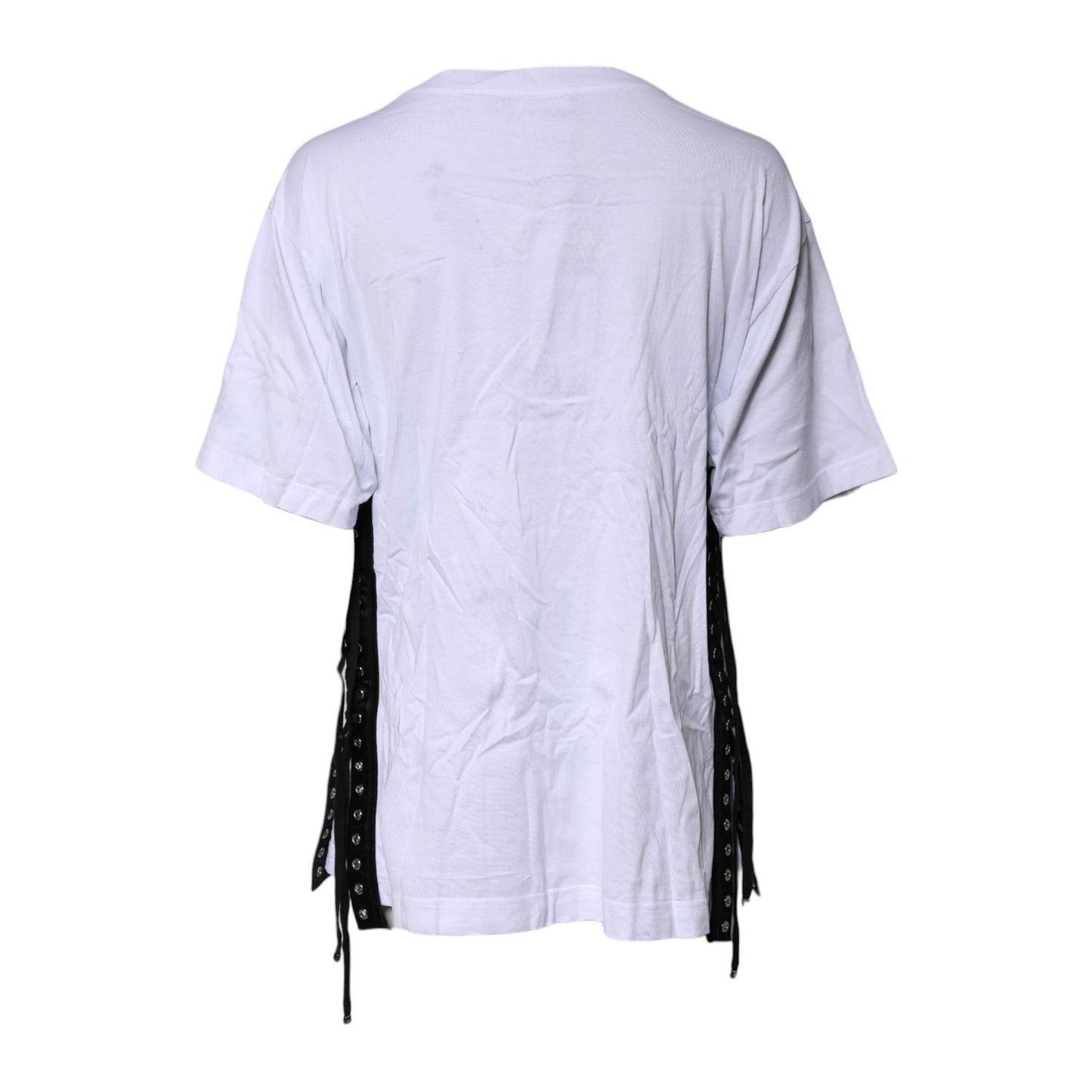 Dolce & Gabbana White Print Lace-Up Cotton Crew Neck T-shirt
