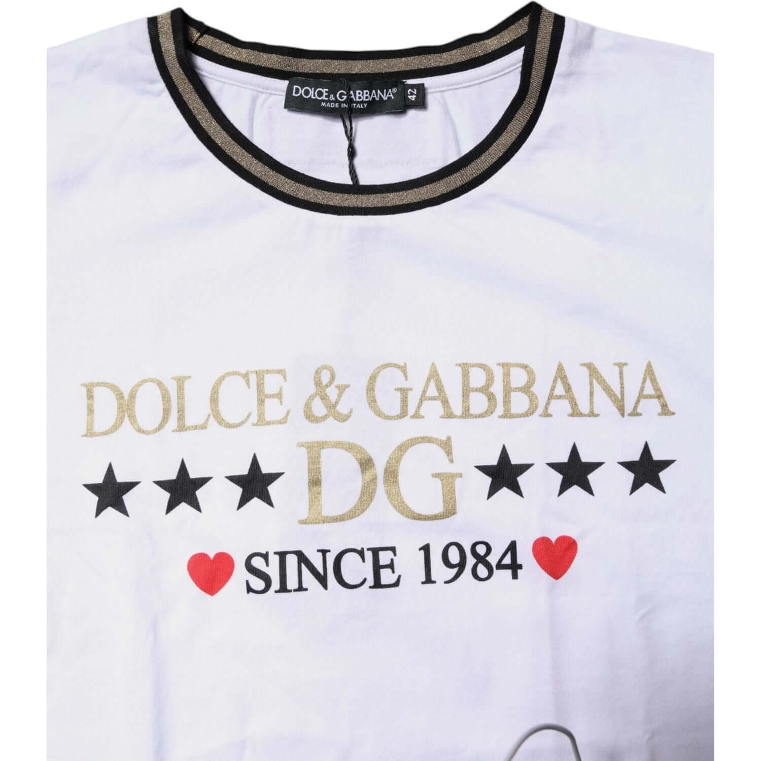 Dolce & Gabbana White Printed Round Neck Top Cotton T-shirt