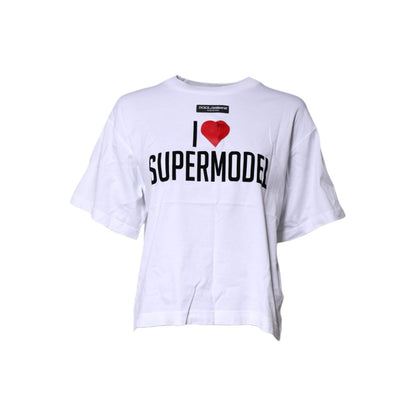 Dolce & Gabbana White Printed Round Neck Top Cotton T-shirt