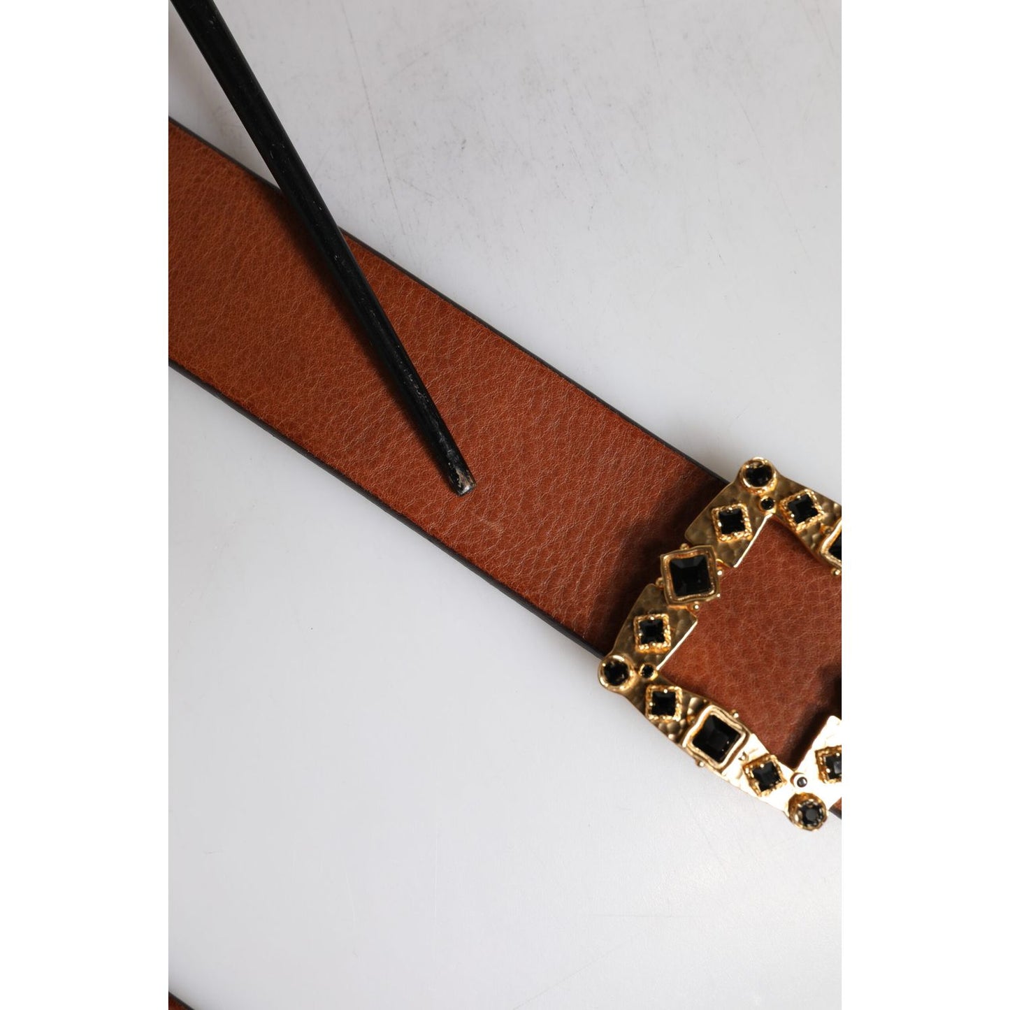 Dolce & Gabbana Brown Leather Gold Crystal Buckle Belt