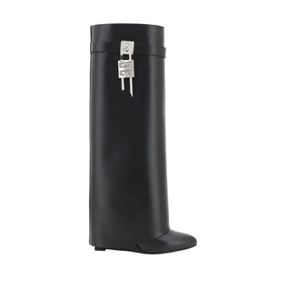 Givenchy Black Calf Leather Bos Taurus Boots with almond toe and padlock detail, wedge heel, stylish trouser-effect shaft. AW25 collection.