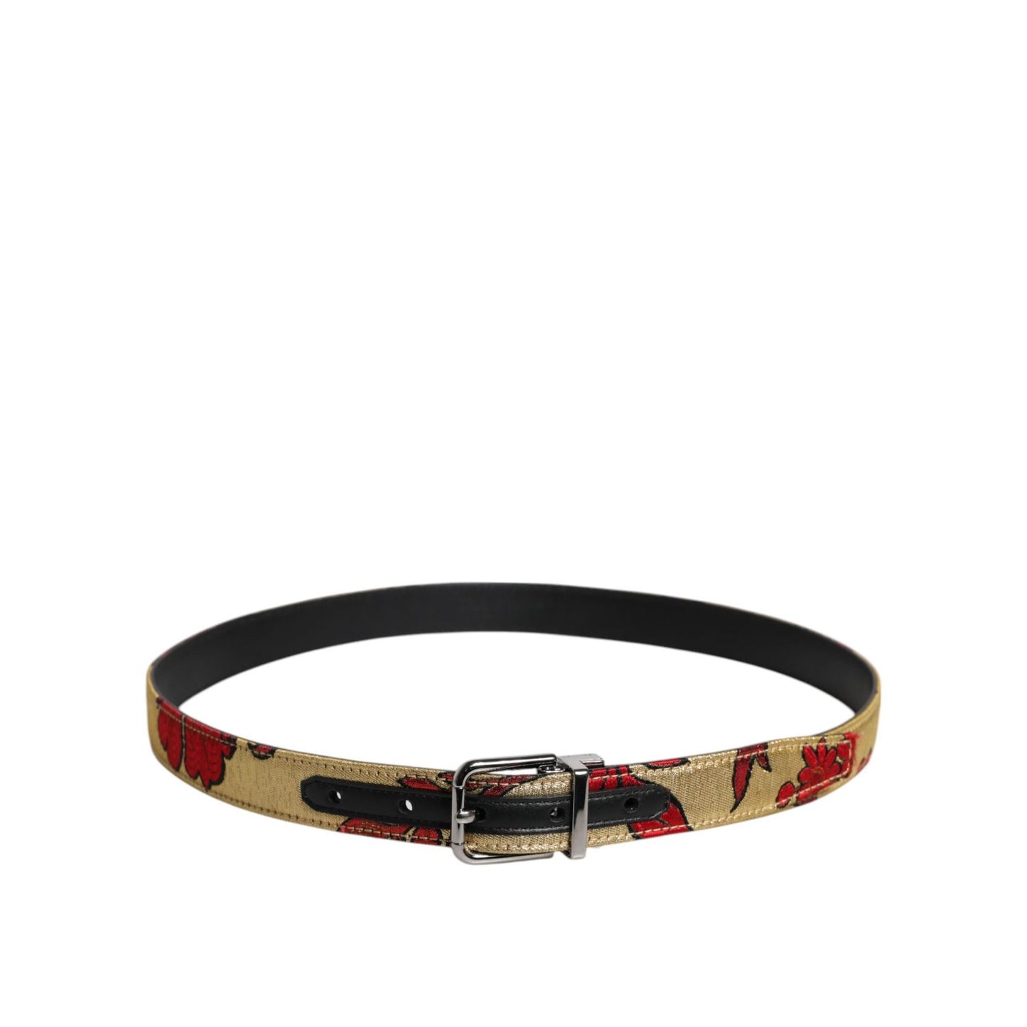 Dolce & Gabbana Gold Floral Jacquard Leather Metal Buckle Belt