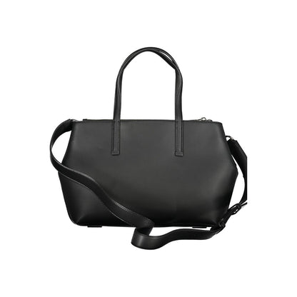 Calvin Klein Black Polyester Handbag with adjustable strap and logo, featuring dual handles and recycled polyester material.