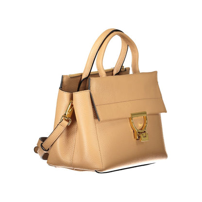 Coccinelle Brown Leather Women Handbag with dual handles and gold clasp, showcasing Italian craftsmanship and timeless elegance.