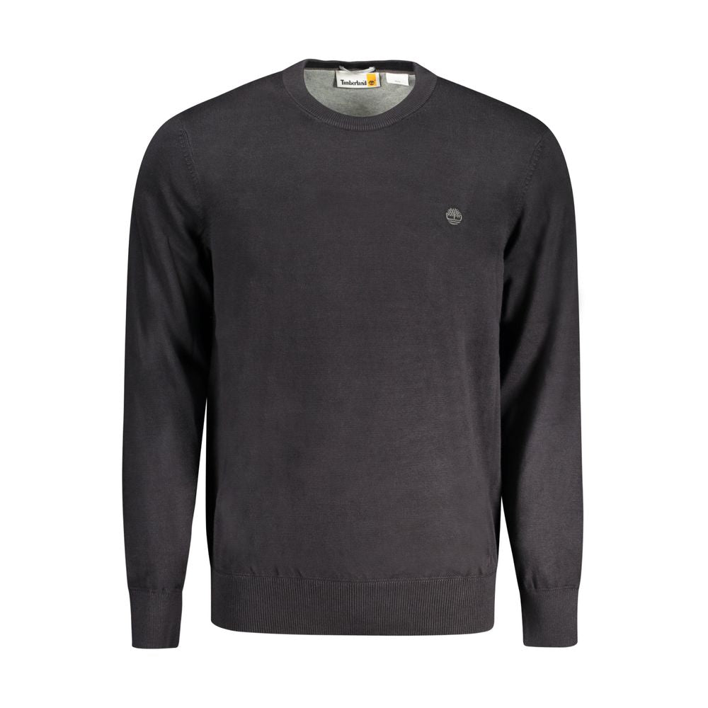 Timberland Black Cotton Men Sweater, long-sleeved with crew neck, featuring iconic Timberland logo, made from 100% organic cotton.