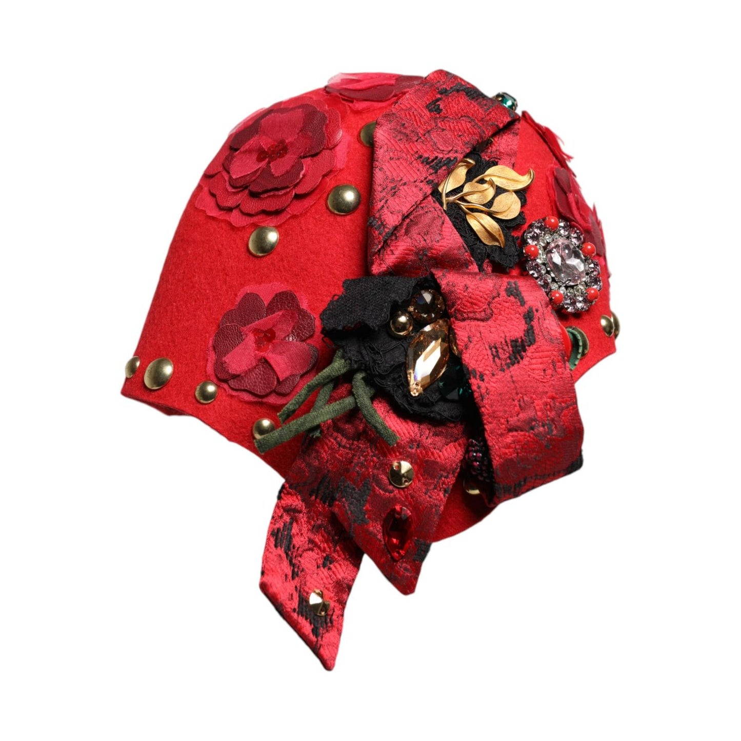 Dolce & Gabbana Red Crystal Gold Roses Brooch Embellished Hat HAT9652